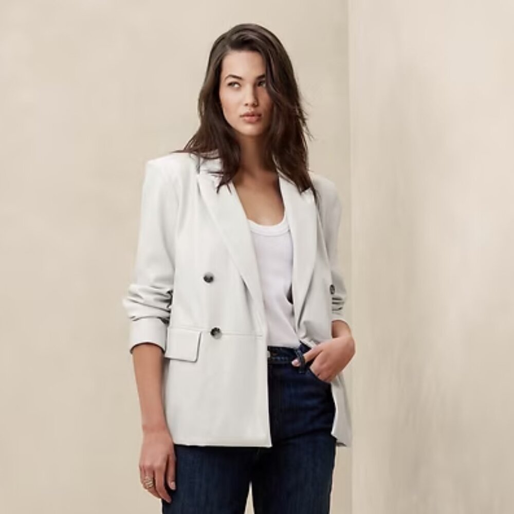NEW Selenite Gray L Banana Republic Factory Vegan Leather Double Breasted Blazer